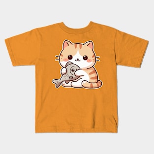 cute cat and fish Kids T-Shirt